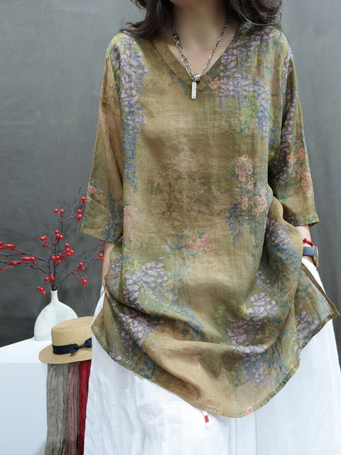 Plus Size Women Summer Vintage Flower V-Neck Ramie Long Shirt