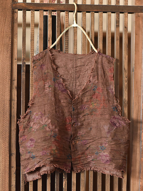 Women Vintage Floral Button-up Raw-edge Linen Vest