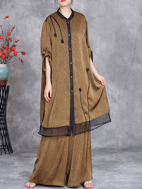 Women Summer Artsy Spliced Loose Button-up Shirt+Pants