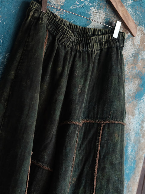 Women Summer Retro Spliced Wide-leg Cotton Pants