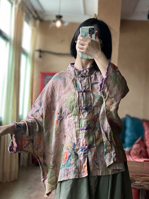 Women Summer Ethnic Flower Button Linen Shirt