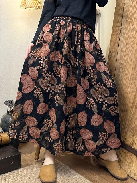 Women Autumn Leaf Print Strap Cotton Skirt