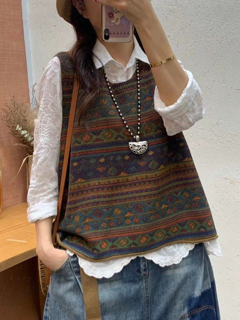 Women Autumn Artsy Colorblock Knit O-Neck Vest