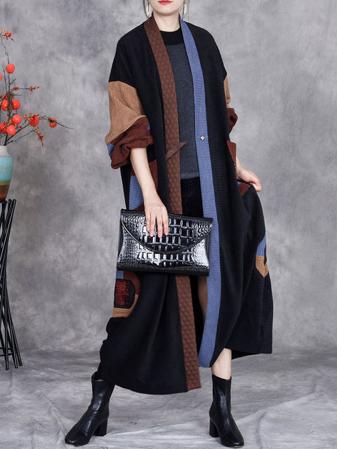 Women Winter Artsy Colorblock Cardigan Long Coat