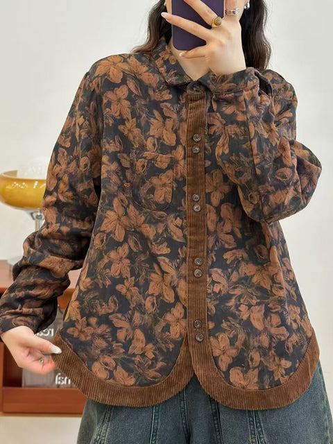 Women Autumn Flower Corduroy Spliced Button-up Shirt