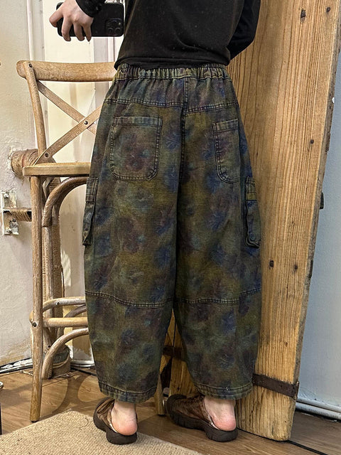 Women Autumn Retro Flower Denim Spliced Harem Pants