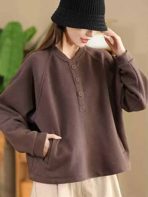 Women Autumn Pure Color Stand Collar Sweatshirt