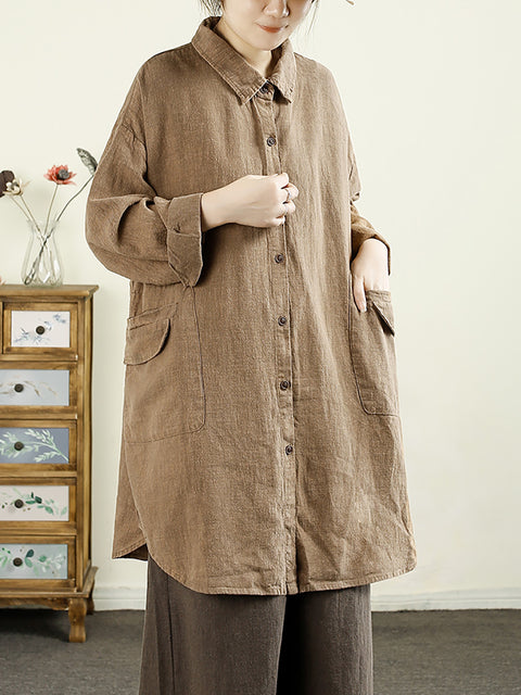 Women Autumn Casual Solid Button-up Linen Shirt