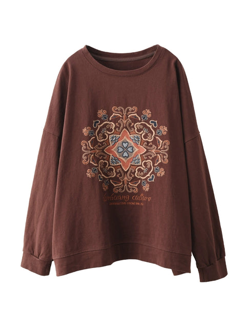 Women Autumn Flower Embroidery O-Neck Cotton Sweatshirt