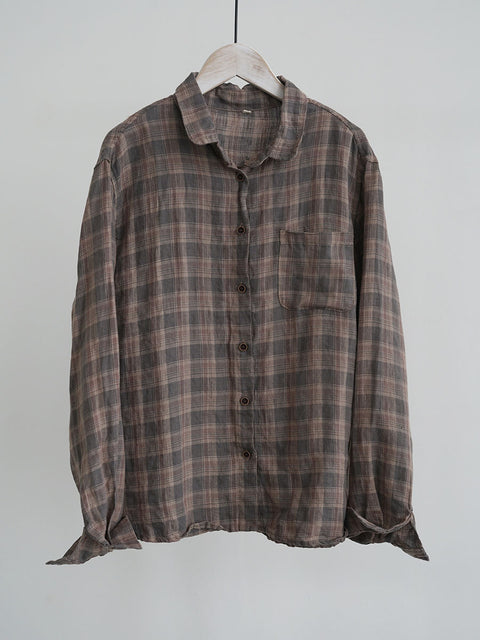 Women Ethnic Autumn Plaid Linen Shirt