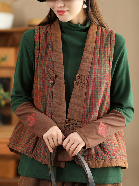 Women Ethnic Plaid Colorblock V-Neck Cotton Vest Coat