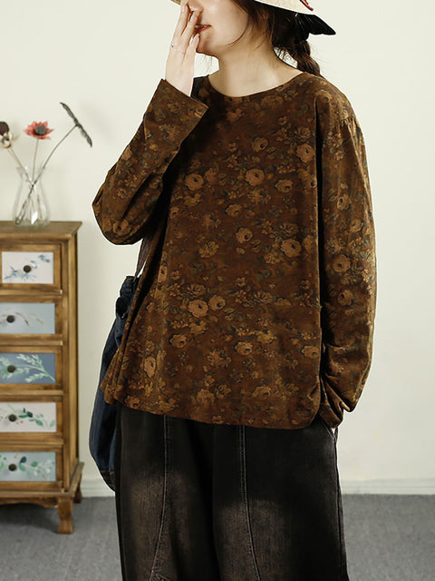 Women Autumn Flower O-Neck Cotton Blouse