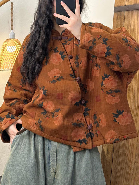 Women Autumn Artsy Floral Stand Collar Linen Coat