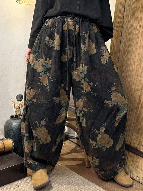 Women Autumn Retro Flower Cotton Harem Pants