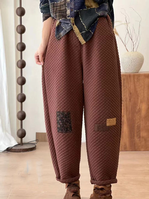 Women Autumn Retro Lattice Patch Thick Cotton Pants