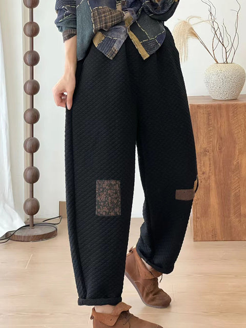 Women Autumn Retro Lattice Patch Thick Cotton Pants