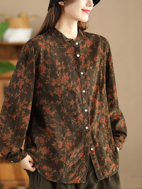 Women Retro Autumn Flower Turn-down Collar Corduroy Shirt