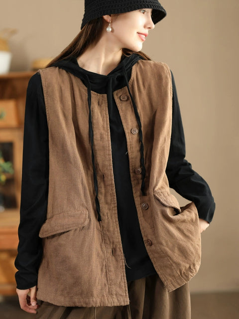 Women Retro Solid O-Neck Linen Vest Coat