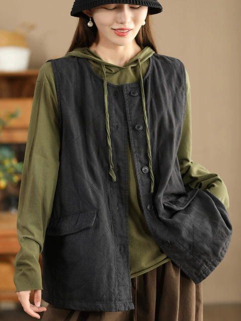 Women Retro Solid O-Neck Linen Vest Coat