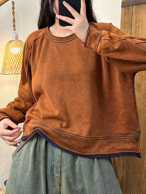 Women Autumn Retro Colorblock O-Neck Cotton Sweatshirt