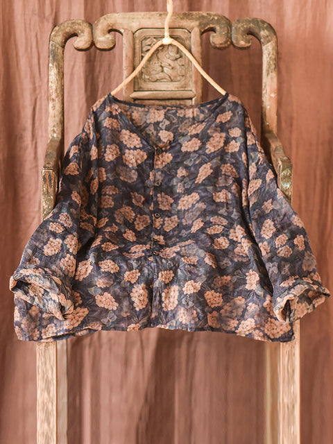 Women Autumn Artsy Floral Ramie Button-up Blouse