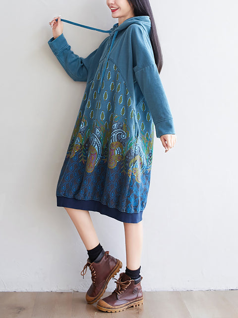 Women Ethnic Autumn Print Hooded Cotton Dress