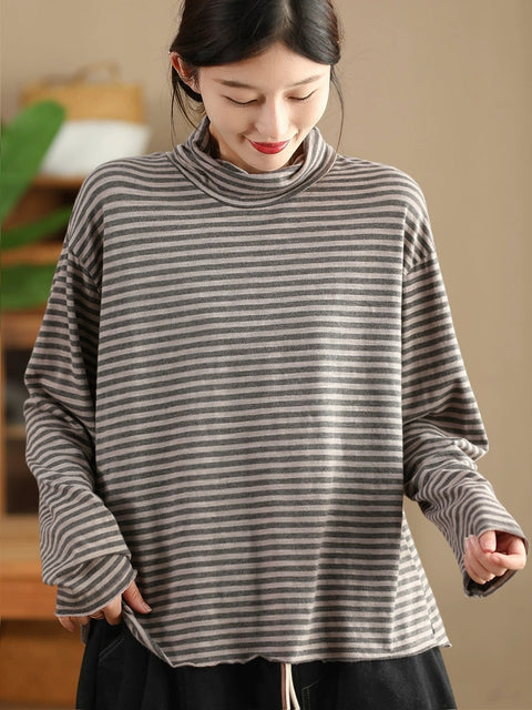 Women Autumn Casual Stripe Turtleneck Cotton Blouse