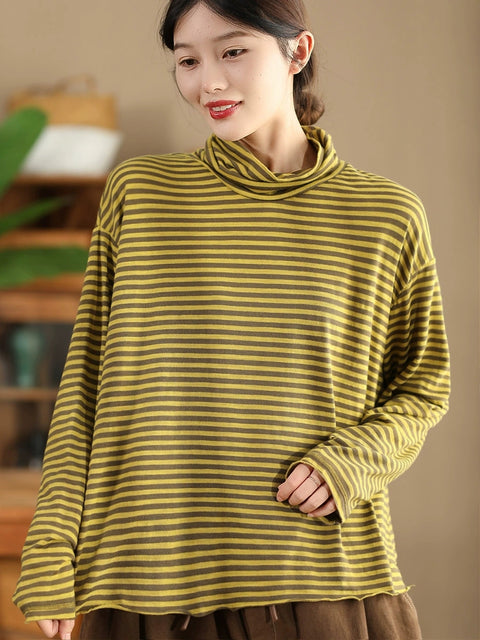 Women Autumn Casual Stripe Turtleneck Cotton Blouse