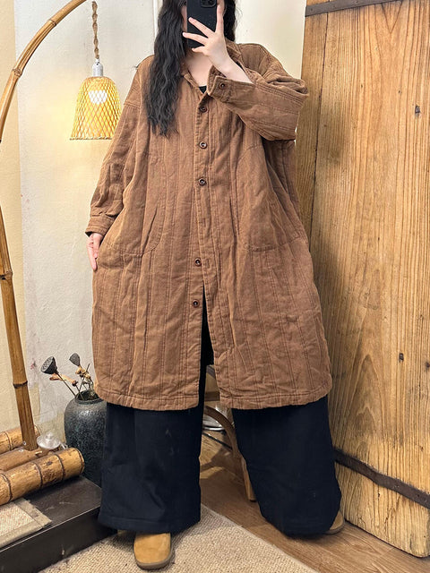 Women Autumn Retro Solid Turn-down Collar Linen Coat