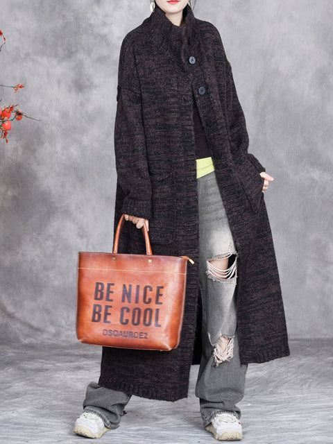 Women Autumn Artsy Solid Stand Collar Knit Cardigan Coat