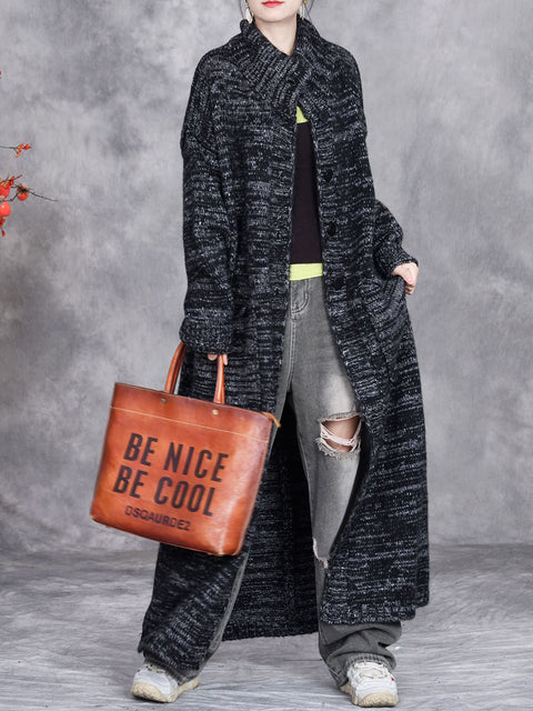 Women Autumn Artsy Solid Stand Collar Knit Cardigan Coat