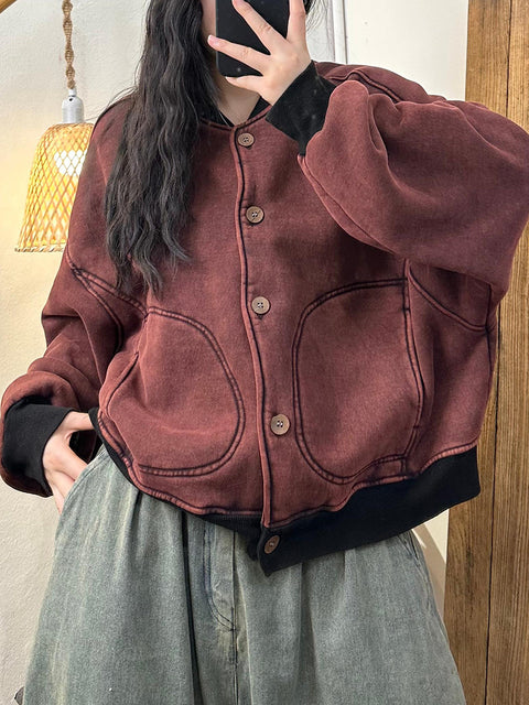 Women Casual Autumn Button Colorblock Thick Coat