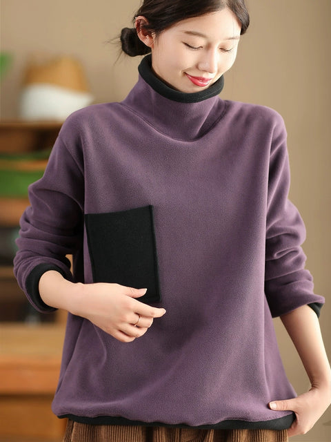 Women Autumn Retro Colorblock Turtleneck Cotton Sweatshirt