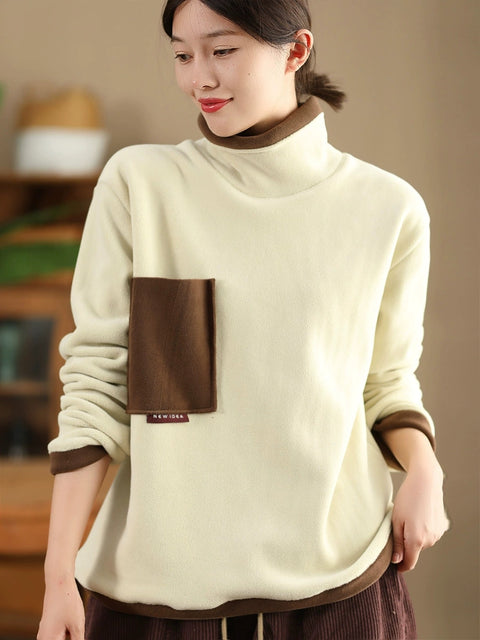 Women Autumn Retro Colorblock Turtleneck Cotton Sweatshirt