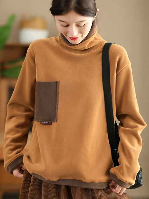 Women Autumn Retro Colorblock Turtleneck Cotton Sweatshirt