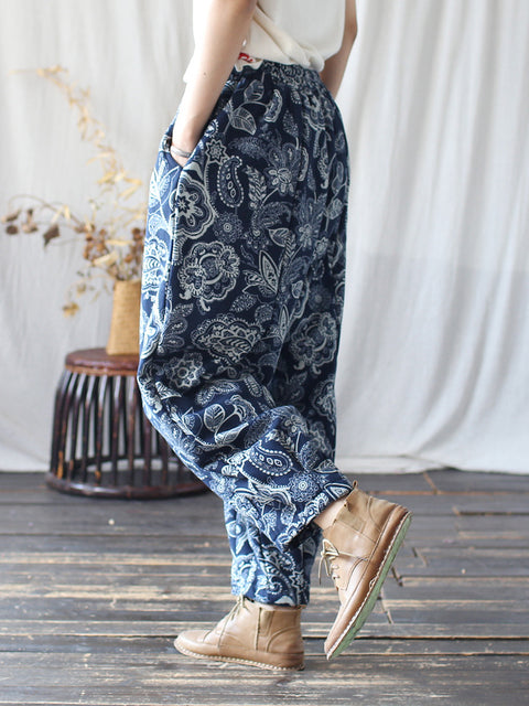 Women Ethnic Autumn Flower Spliced Cotton Harem Pants