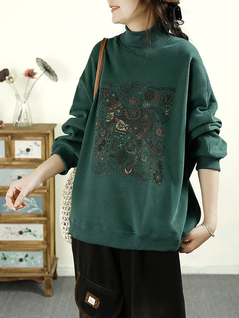 Women Autumn Retro Horse Half-Turtleneck Cotton Sweatshirt