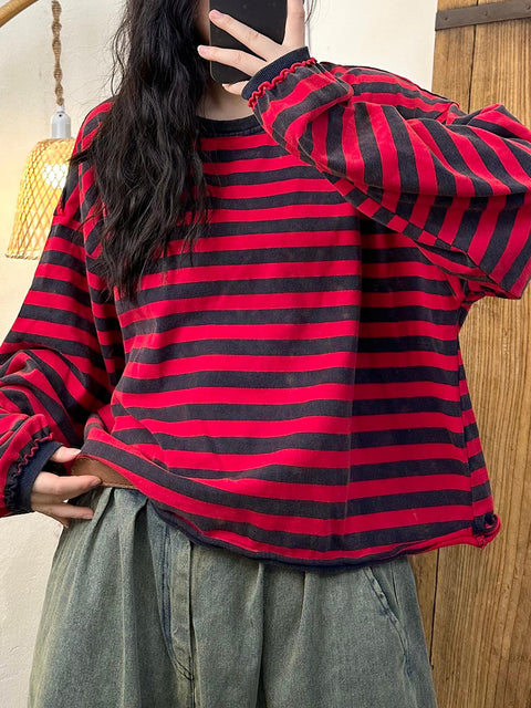 Women Casual Autumn Stripe Lantern Sleeve O-Neck Blouse