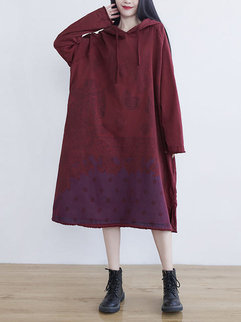 Women Ethnic Autumn Dot Flower Hooded Cotton Dress