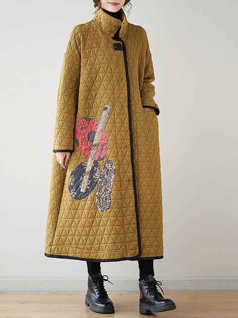 Women Winter Patch Spliced Rhomboid Thick Long Coat