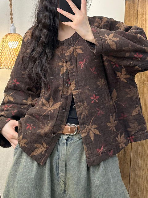 Women Autumn Casual Flower O-Neck Cotton Shirt Coat