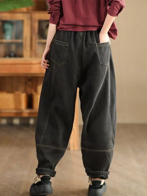 Women Winter Retro Denim Fleece-lined Harem Pants