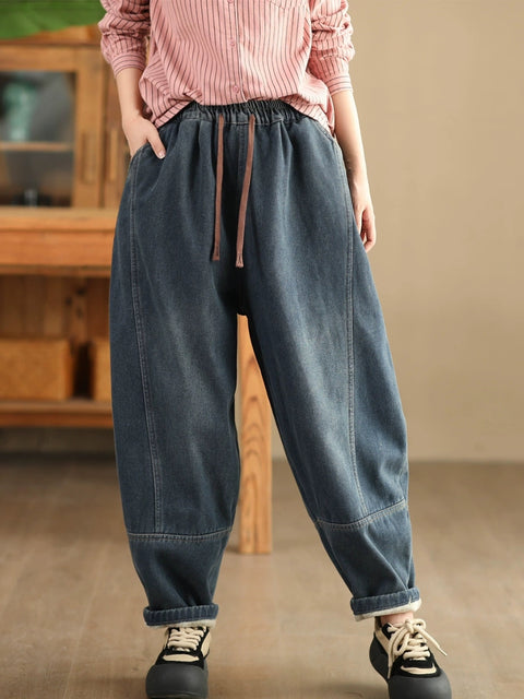 Women Winter Retro Denim Fleece-lined Harem Pants