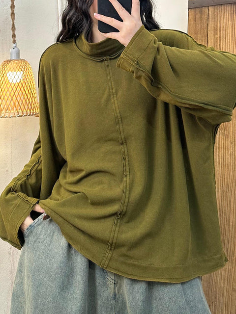 Women Autumn Vintage Solid Turtleneck Spliced Sweatshirt