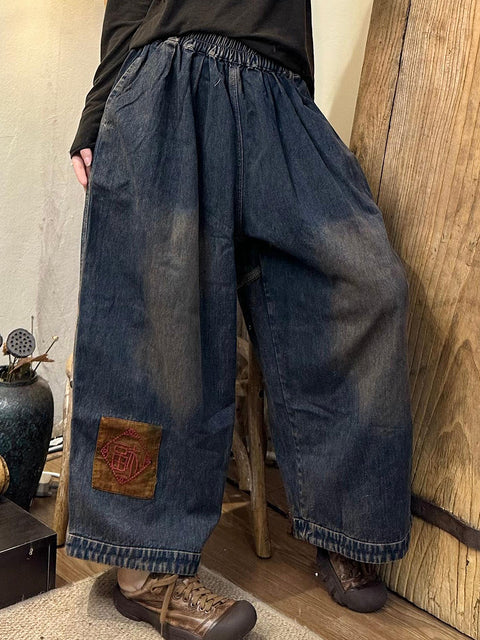 Women Autumn Retro Patch Denim Wide-leg Pants