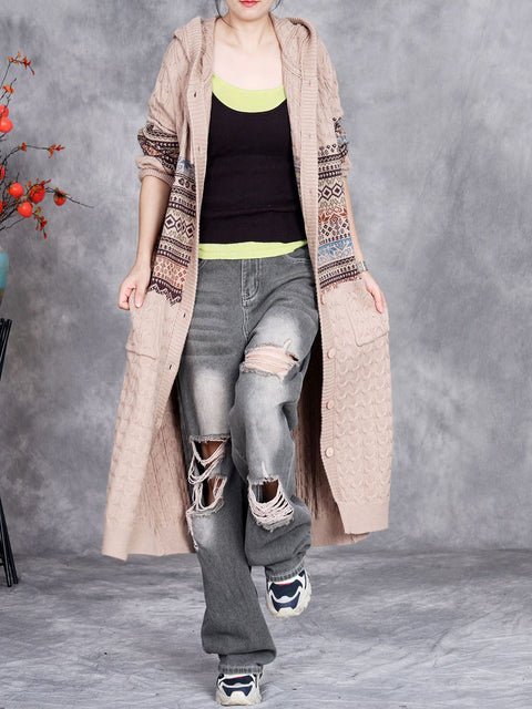 Women Autumn Artsy Knit Cardigan Hooded Sweater Coat