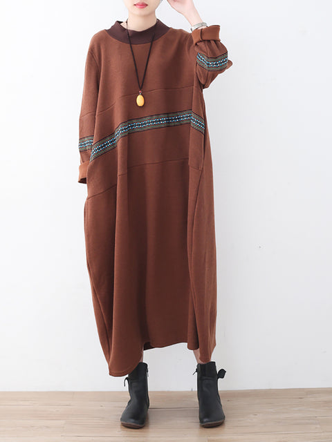 Women Casual Autumn Colorblock Half Turtleneck Spliced Dress