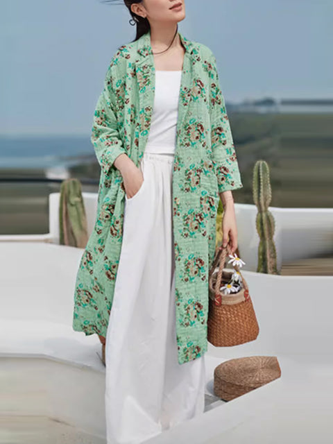 Women Ethnic Autumn Floral Ramie Cotton Long Coat