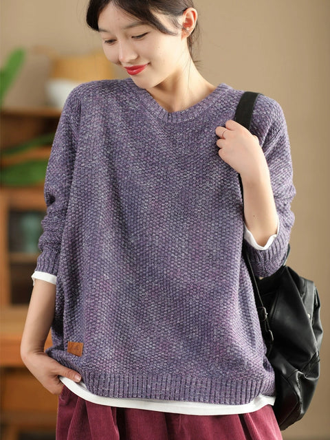 Women Vintage Autumn Solid O-Neck Loose Knit Sweater