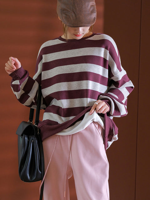 Women Autumn Casual Stripe Thick Cotton O-Neck Sweatshirt